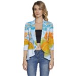 Fruits, Fruit, Lemon, Lime, Mandarin, Water, Orange Women s 3/4 Sleeve Ruffle Edge Open Front Jacket