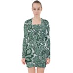 Green Ornament Texture, Green Flowers Retro Background V-neck Bodycon Long Sleeve Dress