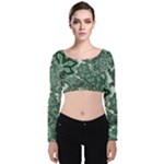 Green Ornament Texture, Green Flowers Retro Background Velvet Long Sleeve Crop Top