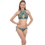Green Ornament Texture, Green Flowers Retro Background Cross Front Halter Bikini Set