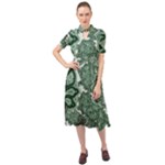 Green Ornament Texture, Green Flowers Retro Background Keyhole Neckline Chiffon Dress