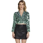 Green Ornament Texture, Green Flowers Retro Background Long Sleeve Tie Back Satin Wrap Top