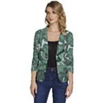 Green Ornament Texture, Green Flowers Retro Background Women s One-Button 3/4 Sleeve Short Jacket