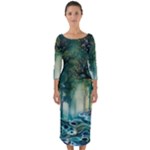 Trees Forest Mystical Forest Background Landscape Nature Quarter Sleeve Midi Bodycon Dress