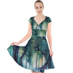 Trees Forest Mystical Forest Background Landscape Nature Cap Sleeve Front Wrap Midi Dress