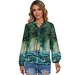 Trees Forest Mystical Forest Background Landscape Nature Women s Long Sleeve Button Up Shirt