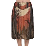 Comic Gothic Macabre Vampire Haunted Red Sky Velvet Flared Midi Skirt