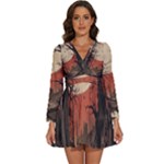Comic Gothic Macabre Vampire Haunted Red Sky Long Sleeve V-Neck Chiffon Dress 