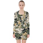 Flower Blossom Bloom Botanical Spring Nature Floral Pattern Leaves V-neck Bodycon Long Sleeve Dress