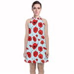 Poppies Flowers Red Seamless Pattern Velvet Halter Neckline Dress 