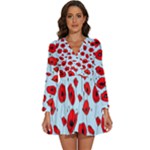 Poppies Flowers Red Seamless Pattern Long Sleeve V-Neck Chiffon Dress 