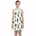 Cactus Plants Background Pattern Seamless Velvet Halter Neckline Dress 