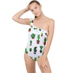 Cactus Plants Background Pattern Seamless Frilly One Shoulder Swimsuit