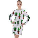 Cactus Plants Background Pattern Seamless Long Sleeve Hoodie Dress