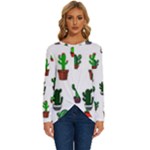 Cactus Plants Background Pattern Seamless Long Sleeve Crew Neck Pullover Top