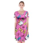 Hello Kitty, Cute, Pattern Short Sleeve V-neck Flare Dress