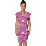 Hello Kitty, Cute, Pattern Vintage Frill Sleeve V-Neck Bodycon Dress