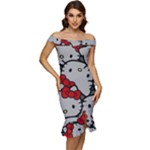 Hello Kitty, Pattern, Red Off Shoulder Ruffle Split Hem Bodycon Dress