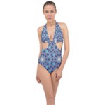 Islamic Ornament Texture, Texture With Stars, Blue Ornament Texture Halter Front Plunge Swimsuit