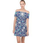 Islamic Ornament Texture, Texture With Stars, Blue Ornament Texture Off Shoulder Chiffon Dress