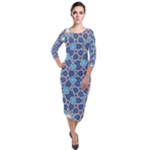 Islamic Ornament Texture, Texture With Stars, Blue Ornament Texture Quarter Sleeve Midi Velour Bodycon Dress