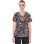 Paisley Texture, Floral Ornament Texture Women s V-Neck Scrub Top