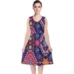 Pattern, Ornament, Motif, Colorful V-Neck Midi Sleeveless Dress 