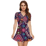 Pattern, Ornament, Motif, Colorful V-Neck High Waist Chiffon Mini Dress