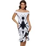 Black Silhouette Artistic Hand Draw Symbol Wb Off Shoulder Ruffle Split Hem Bodycon Dress