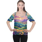 Field Valley Nature Meadows Flowers Dawn Landscape Cutout Shoulder T-Shirt