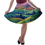 Field Valley Nature Meadows Flowers Dawn Landscape A-line Skater Skirt