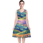 Field Valley Nature Meadows Flowers Dawn Landscape V-Neck Midi Sleeveless Dress 