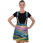 Field Valley Nature Meadows Flowers Dawn Landscape Velvet Suspender Skater Skirt