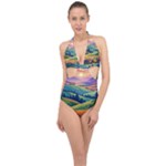 Field Valley Nature Meadows Flowers Dawn Landscape Halter Front Plunge Swimsuit