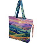 Field Valley Nature Meadows Flowers Dawn Landscape Drawstring Tote Bag