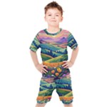 Field Valley Nature Meadows Flowers Dawn Landscape Kids  T-Shirt and Shorts Set
