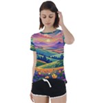 Field Valley Nature Meadows Flowers Dawn Landscape Short Sleeve Open Back T-Shirt