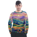 Field Valley Nature Meadows Flowers Dawn Landscape Men s Long Sleeve Raglan T-Shirt