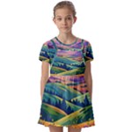 Field Valley Nature Meadows Flowers Dawn Landscape Kids  Short Sleeve Pinafore Style Dress
