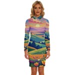 Field Valley Nature Meadows Flowers Dawn Landscape Long Sleeve Shirt Collar Bodycon Dress