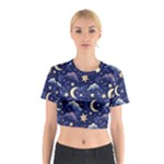 Night Moon Seamless Background Stars Sky Clouds Texture Pattern Cotton Crop Top