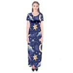 Night Moon Seamless Background Stars Sky Clouds Texture Pattern Short Sleeve Maxi Dress