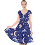 Night Moon Seamless Background Stars Sky Clouds Texture Pattern Cap Sleeve Front Wrap Midi Dress