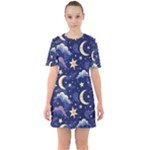 Night Moon Seamless Background Stars Sky Clouds Texture Pattern Sixties Short Sleeve Mini Dress