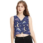 Night Moon Seamless Background Stars Sky Clouds Texture Pattern V-Neck Cropped Tank Top