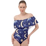 Night Moon Seamless Background Stars Sky Clouds Texture Pattern Off Shoulder Velour Bodysuit 