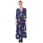 Night Moon Seamless Background Stars Sky Clouds Texture Pattern Button Up Maxi Dress
