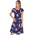 Night Moon Seamless Background Stars Sky Clouds Texture Pattern Classic Short Sleeve Dress