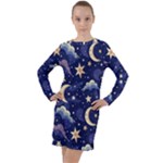 Night Moon Seamless Background Stars Sky Clouds Texture Pattern Long Sleeve Hoodie Dress