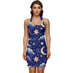 Night Moon Seamless Background Stars Sky Clouds Texture Pattern Sleeveless Wide Square Neckline Ruched Bodycon Dress